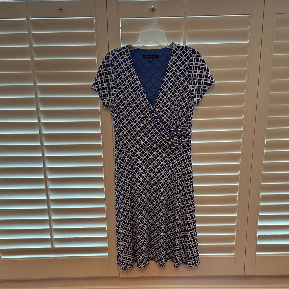 Blue and White Patterned Faux Wrap Dress
